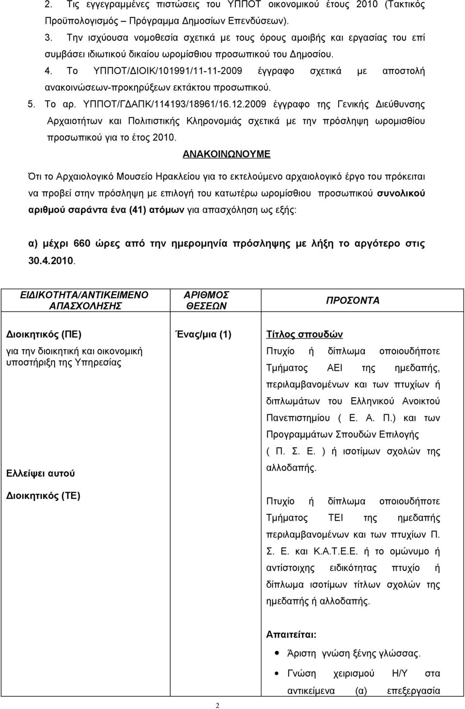 Το ΥΠΠΟΤ/ΔΙΟΙΚ/101991/11-11-2009 έγγραφο σχετικά με αποστολή ανακοινώσεων-προκηρύξεων εκτάκτου προσωπικού. 5. Το αρ. ΥΠΠΟΤ/ΓΔΑΠΚ/114193/18961/16.12.