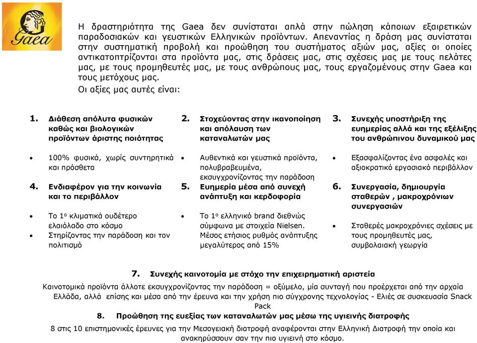 πελάτες μας, με τους προμηθευτές μας, με τους ανθρώπους μας, τους εργαζομένους στην Gaea και τους μετόχους μας. Οι αξίες μας αυτές είναι: 1.