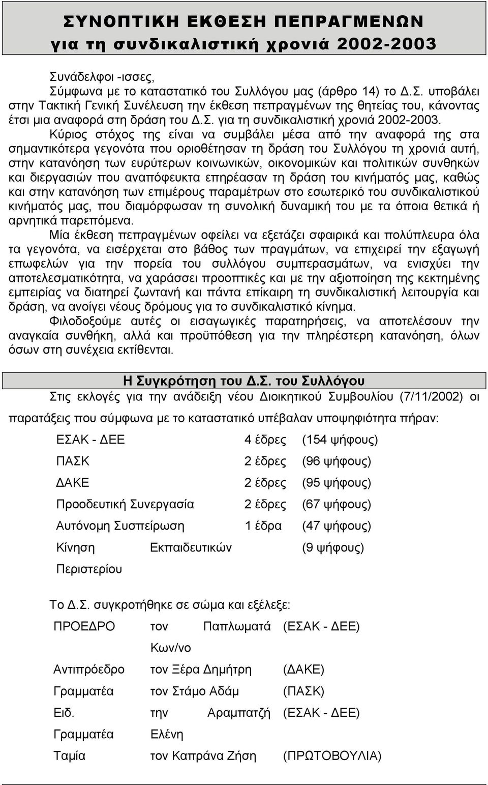 Κύριος στόχος της είναι να συμβάλει μέσα από την αναφορά της στα σημαντικότερα γεγονότα που οριοθέτησαν τη δράση του Συλλόγου τη χρονιά αυτή, στην κατανόηση των ευρύτερων κοινωνικών, οικονομικών και