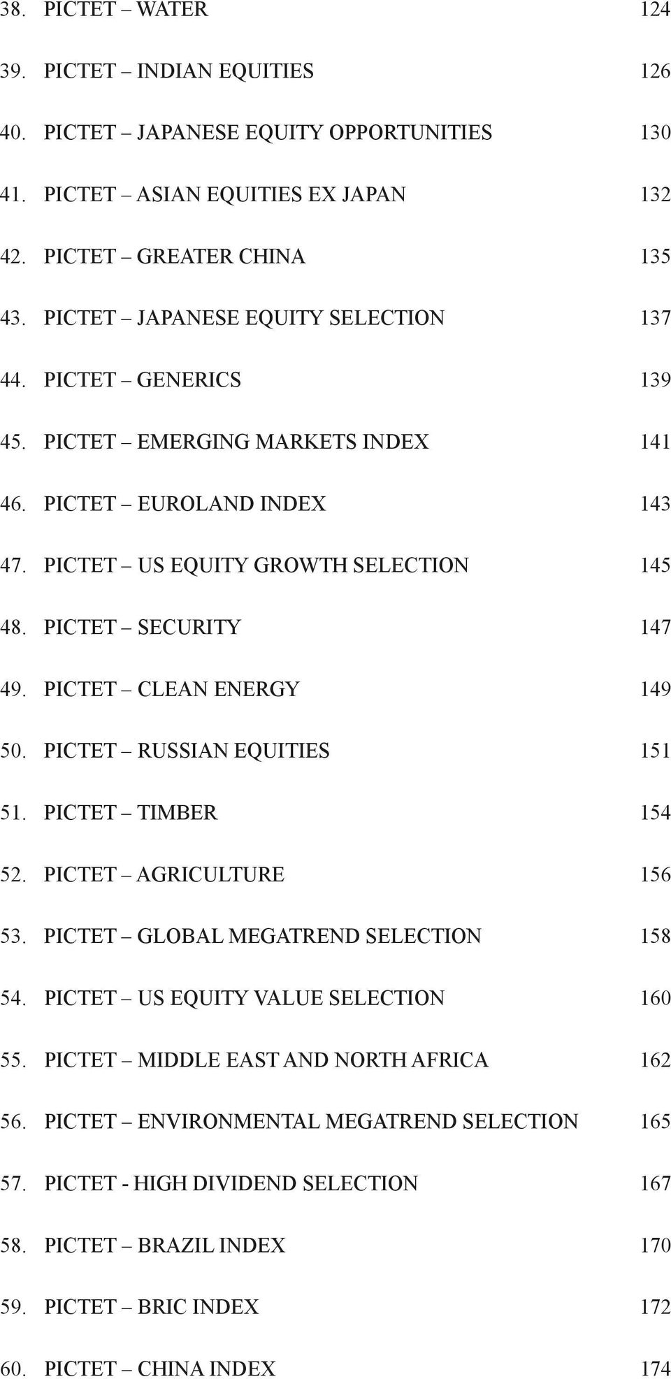 PICTET SECURITY 147 49. PICTET CLEAN ENERGY 149 50. PICTET RUSSIAN EQUITIES 151 51. PICTET TIMBER 154 52. PICTET AGRICULTURE 156 53. PICTET GLOBAL MEGATREND SELECTION 158 54.