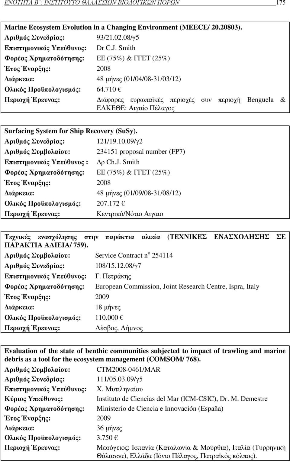 710 Περιοχή Έρευνας: ιάφορες ευρωπαϊκές περιοχές συν περιοχή Benguela & ΕΛΚΕΘΕ: Αιγαίο Πέλαγος Surfacing System for Ship Recovery (SuSy). Αριθµός Συνεδρίας: 121/19.10.09/γ2 Αριθµός Συµβολαίου: 234151 proposal number (FP7) Επιστηµονικός Υπεύθυνος : ρ Ch.