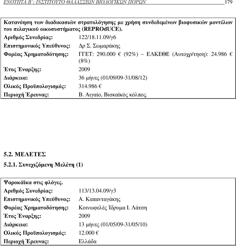 986 (8%) Έτος Έναρξης: 2009 ιάρκεια: 36 µήνες (01/09/09-31/08/12) Ολικός Προϋπολογισµός: 314.986 Περιοχή Έρευνας: Β. Αιγαίο, Βισκαϊκός κόλπος. 5.2. ΜΕΛΕΤΕΣ 5.2.1. Συνεχιζόµενη Μελέτη (1) Ψαροκάϊκα στις φλόγες.