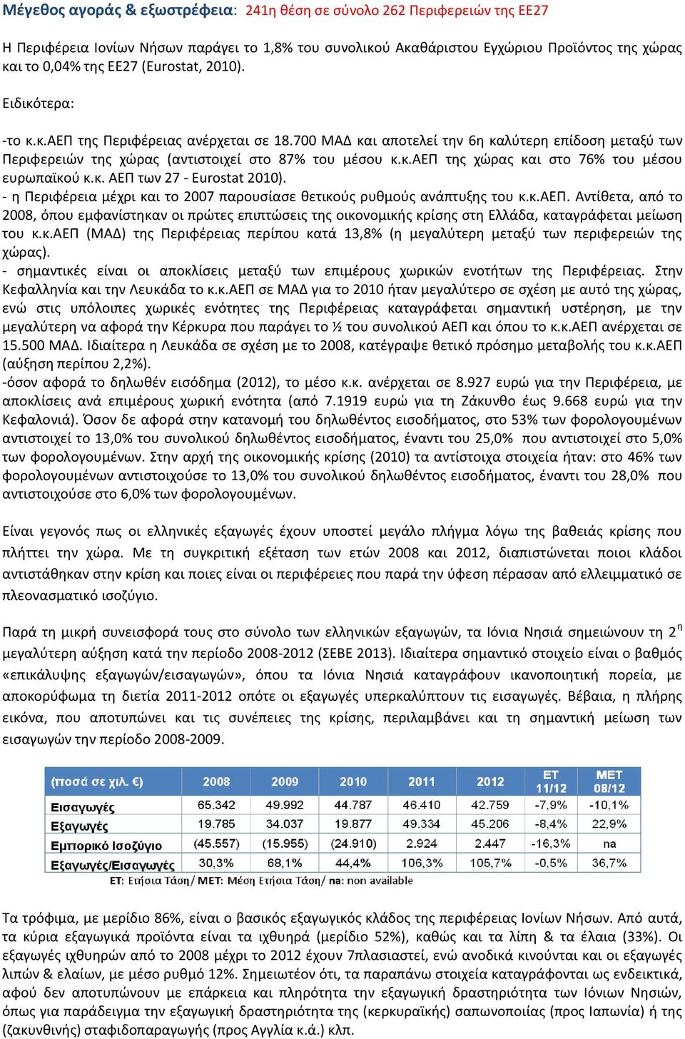 κ. ΑΕΠ των 27 - Eurostat 2010). - η Περιφέρεια μέχρι και το 2007 παρουσίασε θετικούς ρυθμούς ανάπτυξης του κ.κ.αεπ.