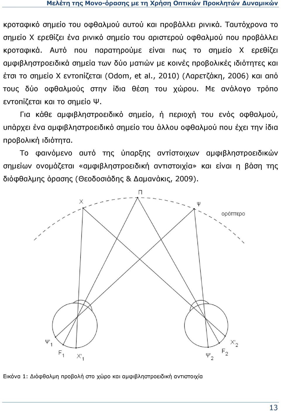 Αυτό που παρατηρούμε είναι πως το σημείο Χ ερεθίζει αμφιβληστροειδικά σημεία των δύο ματιών με κοινές προβολικές ιδιότητες και έτσι το σημείο Χ εντοπίζεται (Odom, et al.