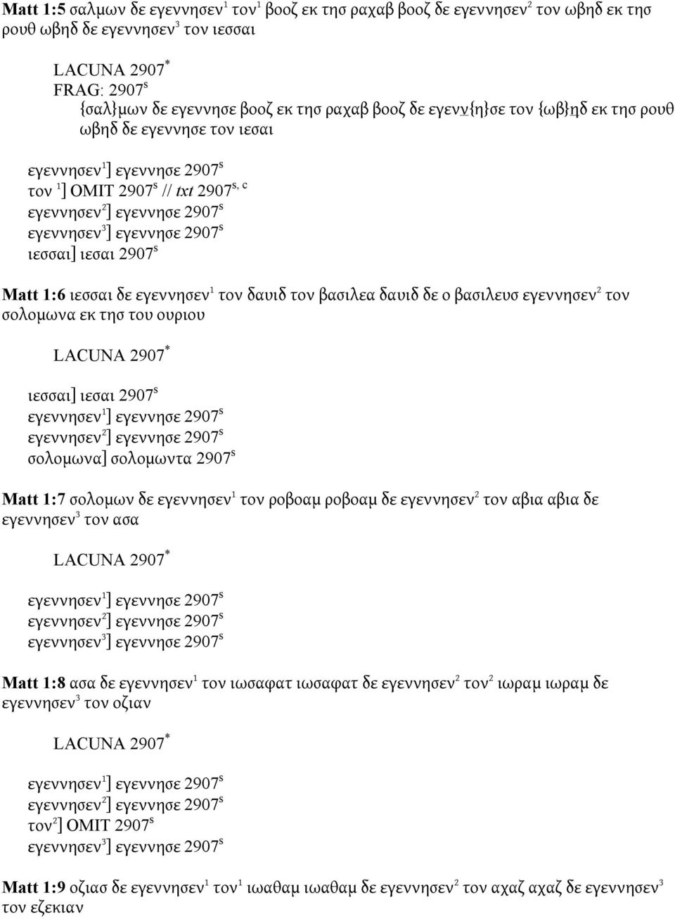 ιεσαι 2907 s Matt 1:6 ιεσσαι δε εγεννησεν 1 τον δαυιδ τον βασιλεα δαυιδ δε ο βασιλευσ εγεννησεν 2 τον σολομωνα εκ τησ του ουριου LACUNA 2907 * ιεσσαι] ιεσαι 2907 s εγεννησεν 1 ] εγεννησε 2907 s