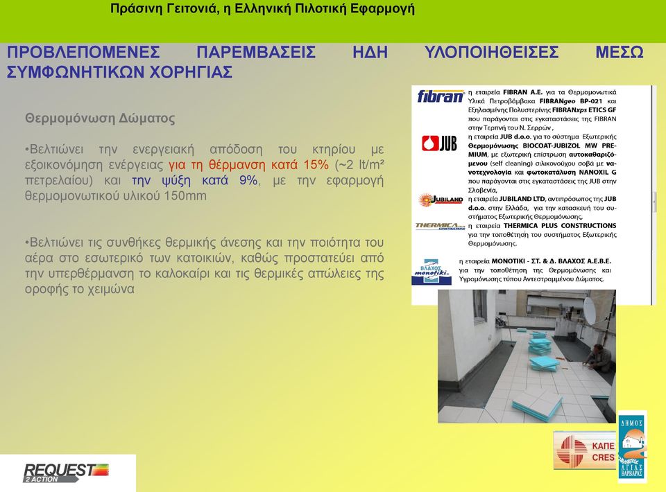 με την εφαρμογή θερμομονωτικού υλικού 150mm Βελτιώνει τις συνθήκες θερμικής άνεσης και την ποιότητα του αέρα στο