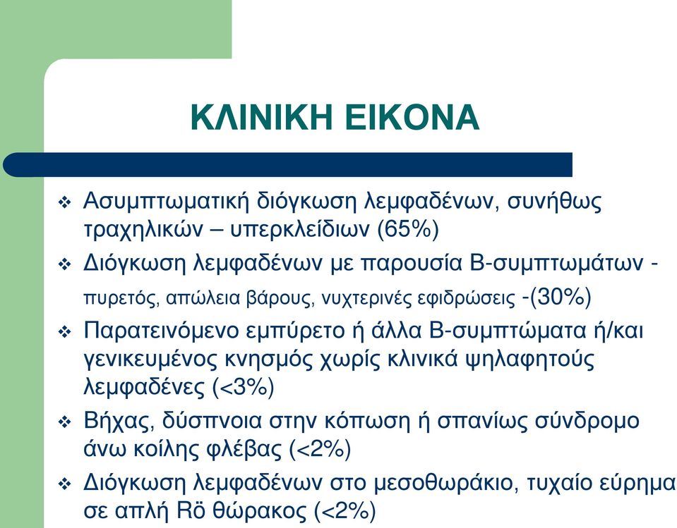 Β-συμπτώματα ή/και γενικευμένος κνησμός χωρίς κλινικά ψηλαφητούς λεμφαδένες (<3%) Βήχας, δύσπνοια στην κόπωση ή