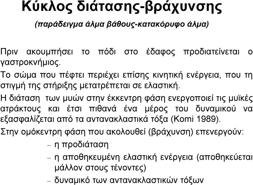 Η διάταση των μυών στην έκκεντρη φάση ενεργοποιεί τις μυϊκές ατράκτους και έτσι πιθανά ένα μέρος του δυναμικού να εξασφαλίζεται από τα