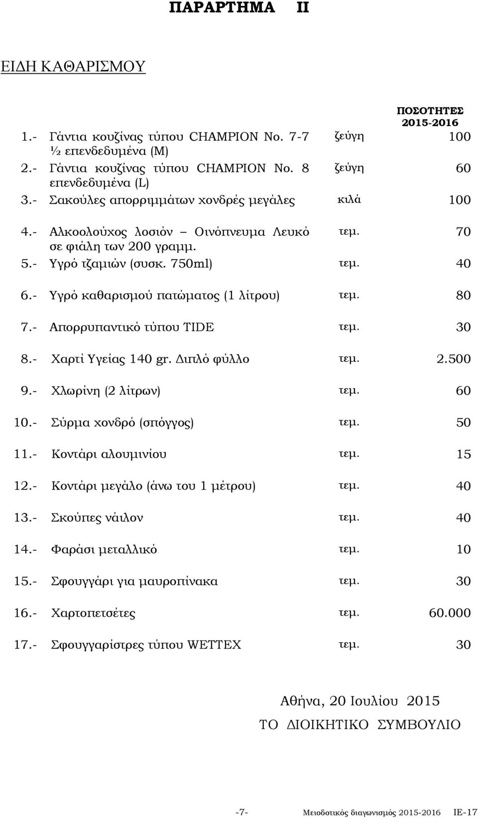 - Υγρό καθαρισμού πατώματος (1 λίτρου) τεμ. 80 7.- Απορρυπαντικό τύπου TIDE τεμ. 30 8.- Χαρτί Υγείας 140 gr. Διπλό φύλλο τεμ. 2.500 9.- Χλωρίνη (2 λίτρων) τεμ. 60 10.- Σύρμα χονδρό (σπόγγος) τεμ.