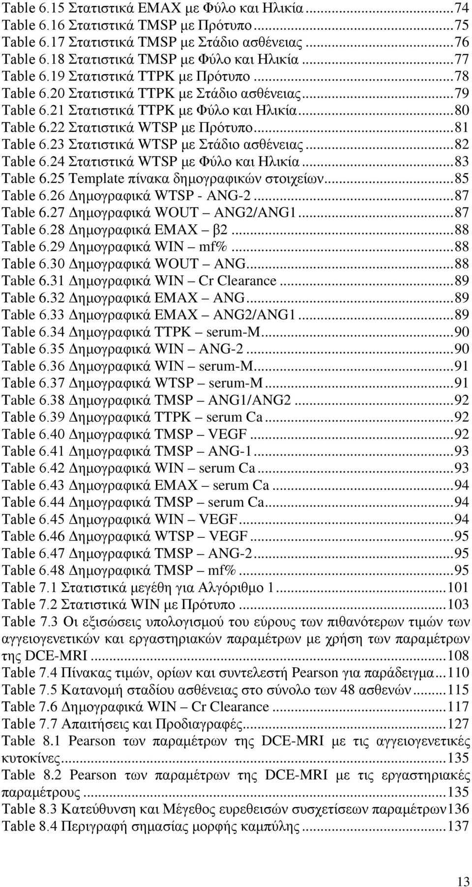 .. 81 Table 6.23 Στατιστικά WTSP με Στάδιο ασθένειας... 82 Table 6.24 Στατιστικά WTSP με Φύλο και Ηλικία... 83 Table 6.25 Template πίνακα δημογραφικών στοιχείων... 85 Table 6.