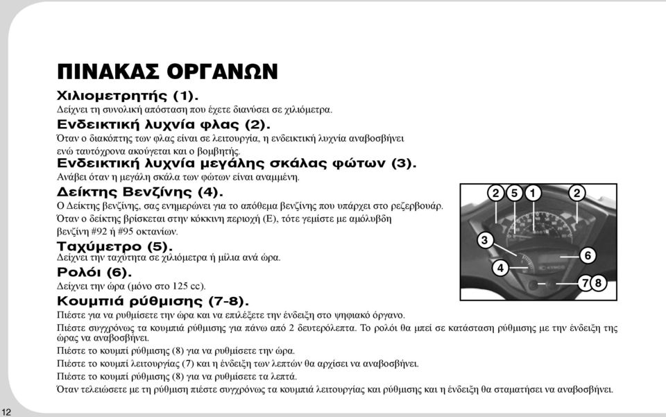 Ανάβει όταν η μεγάλη σκάλα των φώτων είναι αναμμένη. Δείκτης Βενζίνης (4). Ο Δείκτης βενζίνης, σας ενημερώνει για το απόθεμα βενζίνης που υπάρχει στο ρεζερβουάρ.