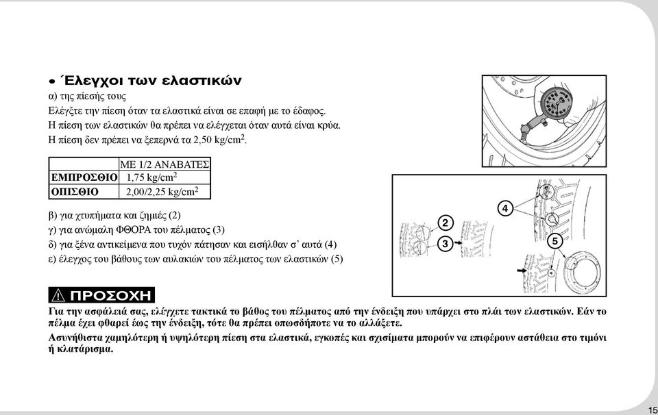 ΜΕ 1/2 ΑΝΑΒΑΤΕΣ ΕΜΠΡΟΣΘΙΟ 1,75 kg/cm 2 ΟΠΙΣΘΙΟ 2,00/2,25 kg/cm 2 β) για χτυπήματα και ζημιές (2) γ) για ανώμαλη ΦΘΟΡΑ του πέλματος (3) δ) για ξένα αντικείμενα που τυχόν πάτησαν και εισήλθαν σ αυτά