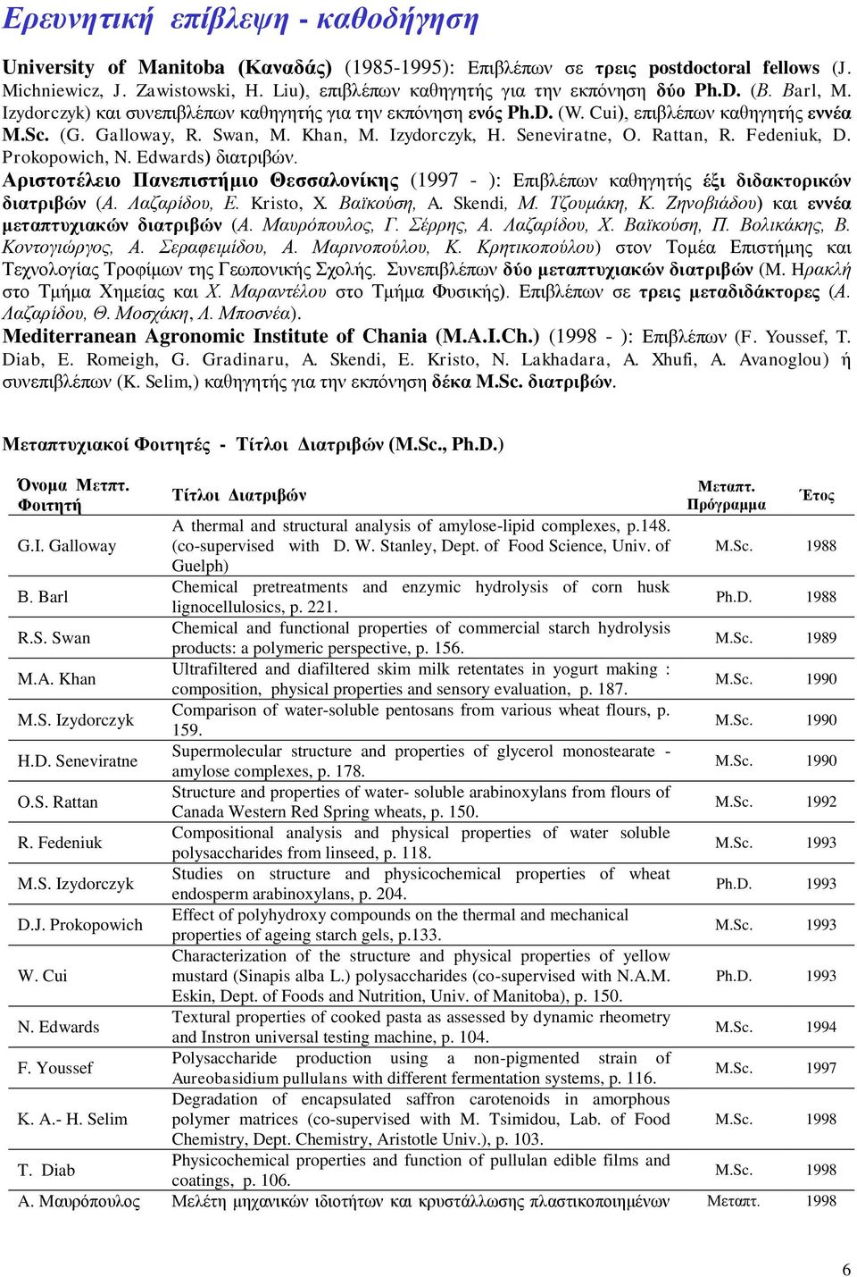 Khan, M. Izydorczyk, H. Seneviratne, O. Rattan, R. Fedeniuk, D. Prokopowich, N. Edwards) δηαηξηβώλ. Απιζηοηέλειο Πανεπιζηήμιο Θεζζαλονίκηρ (1997 - ): Δπηβιέπσλ θαζεγεηήο έξι διδακηοπικών διαηπιβών (Α.