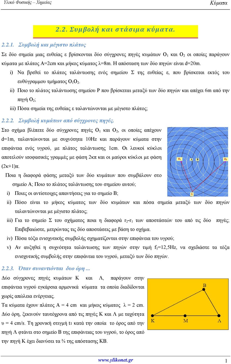 Η απόσταση των δύο πηγών είναι d=20m. i) Να βρεθεί το πλάτος ταλάντωσης ενός σημείου Σ της ευθείας ε, που βρίσκεται εκτός του ευθύγραμμου τμήματος Ο 1 Ο 2.