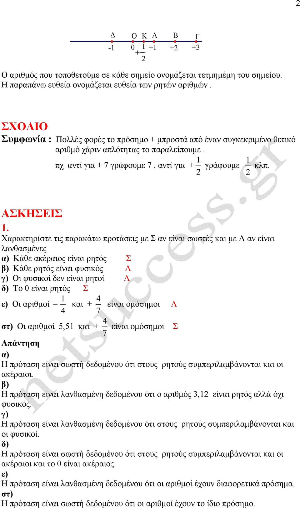 Χαρακτηρίστε τις παρακάτω προτάσεις µε Σ αν είναι σωστές και µε Λ αν είναι λανθασµένες Κάθε ακέραιος είναι ρητός Σ Κάθε ρητός είναι φυσικός Λ γ) Οι φυσικοί δεν είναι ρητοί Λ δ) Το 0 είναι ρητός Σ ε)