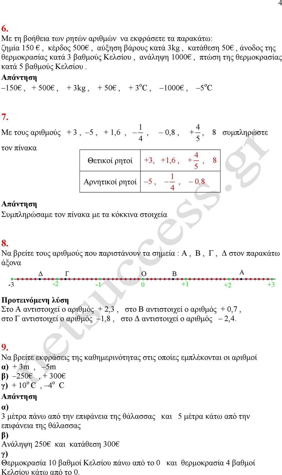 Με τους αριθµούς + 3, 5, + 1,6, 4 1, 0,8, + 5 4, 8 συµπληρώστε τον πίνακα Θετικοί ρητοί +3, +1,6, + 4 5, 8 Αρνητικοί ρητοί 5, 1 4, 0,8 Συµπληρώσαµε τον πίνακα µε τα κόκκινα στοιχεία 8.