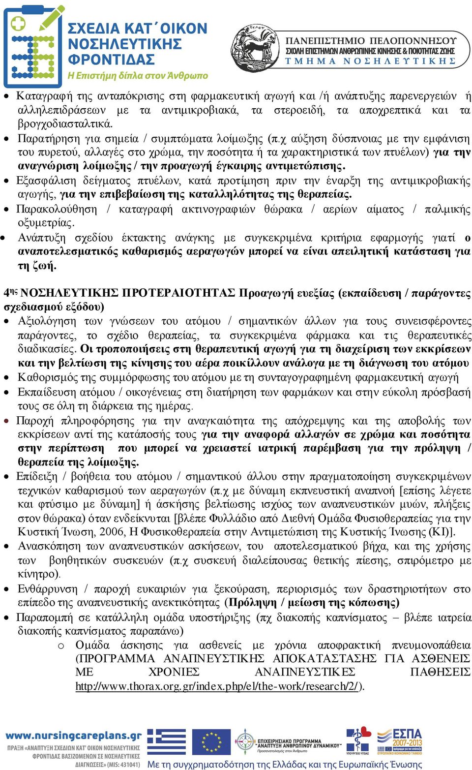 χ αύξηση δύσπνοιας με την εμφάνιση του πυρετού, αλλαγές στο χρώμα, την ποσότητα ή τα χαρακτηριστικά των πτυέλων) για την αναγνώριση λοίμωξης / την προαγωγή έγκαιρης αντιμετώπισης.