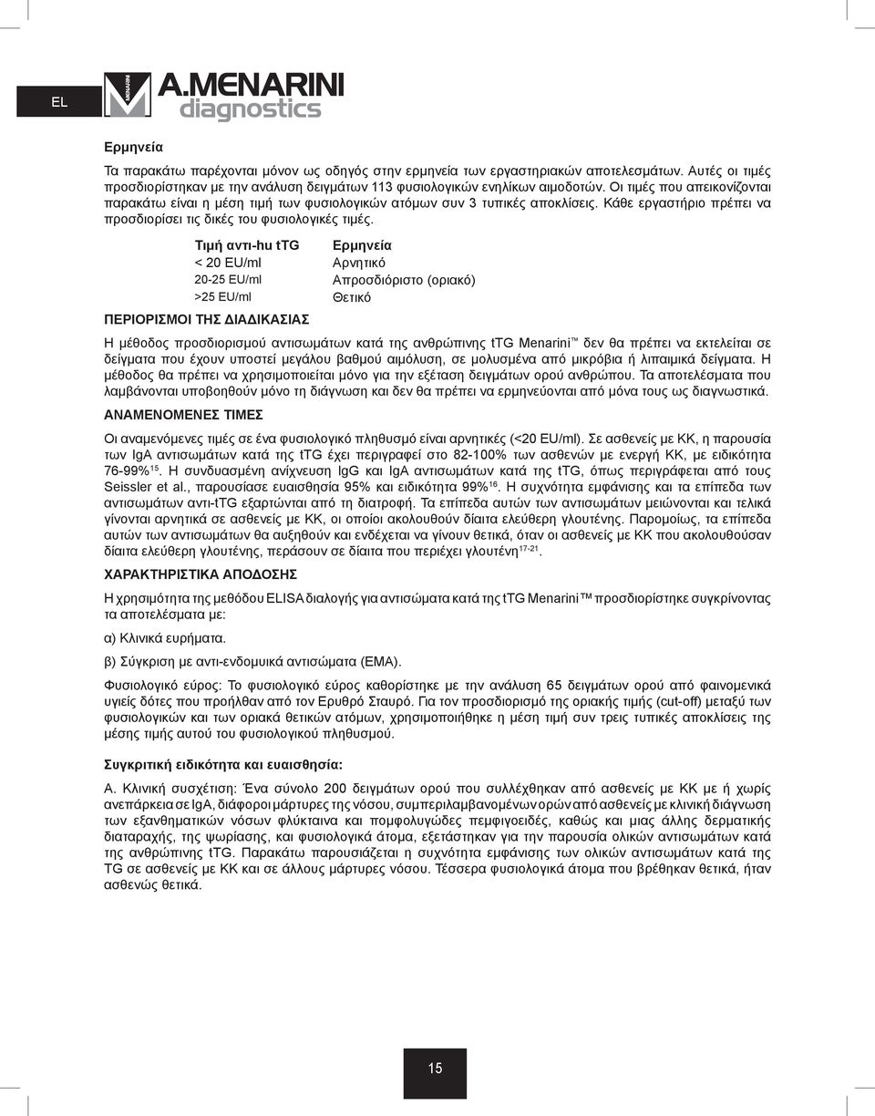 Τιμή αντι-hu ttg Ερμηνεία < 20 EU/ml Αρνητικό 20-25 EU/ml Απροσδιόριστο (οριακό) >25 EU/ml Θετικό ΠΕΡΙΟΡΙΣΜΟΙ ΤΗΣ ΔΙΑΔΙΚΑΣΙΑΣ Η μέθοδος προσδιορισμού αντισωμάτων κατά της ανθρώπινης ttg Menarini δεν