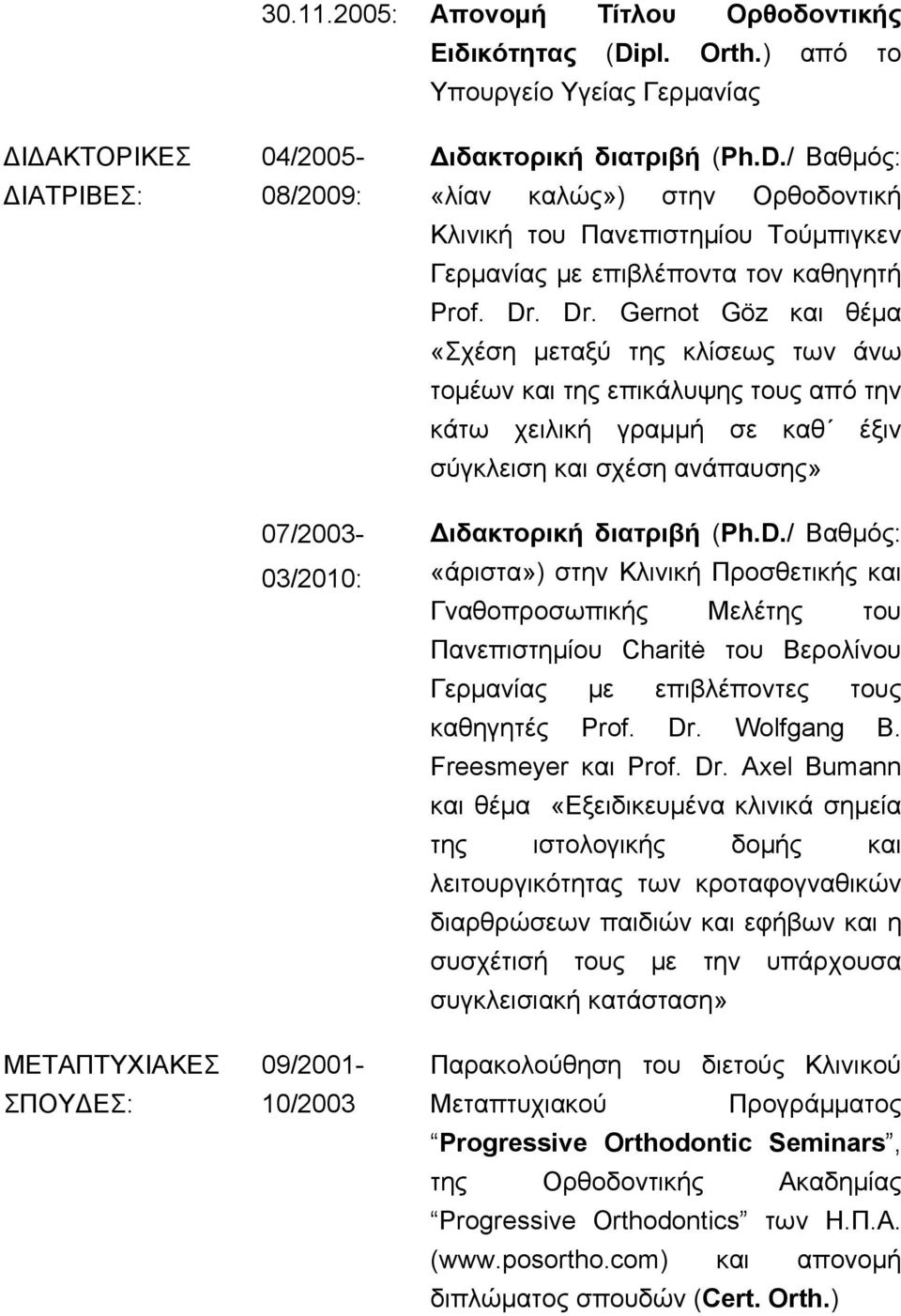 / Βαθμός: «λίαν καλώς») στην Ορθοδοντική Κλινική του Πανεπιστημίου Τούμπιγκεν Γερμανίας με επιβλέποντα τον καθηγητή Prof. Dr.