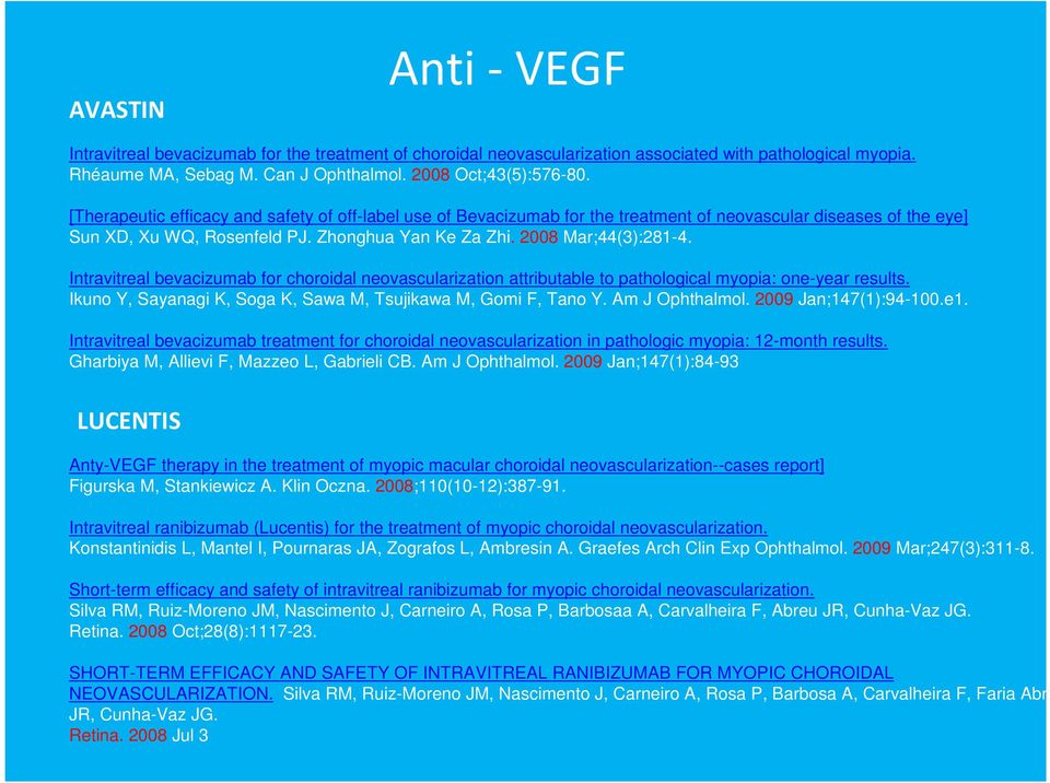 Intravitreal bevacizumab for choroidal neovascularization attributable to pathological myopia: one-year results. Ikuno Y, Sayanagi K, Soga K, Sawa M, Tsujikawa M, Gomi F, Tano Y. Am J Ophthalmol.