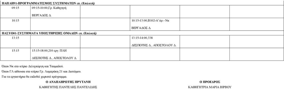 (Eπιλογή) 13:15 13:15-14:00,338 15:15 15:15-18:00,210 εργ. ΠΛΗ ΔΕΣΠΟΤΗΣ Δ., ΑΠΟΣΤΟΛΟΥ Δ.