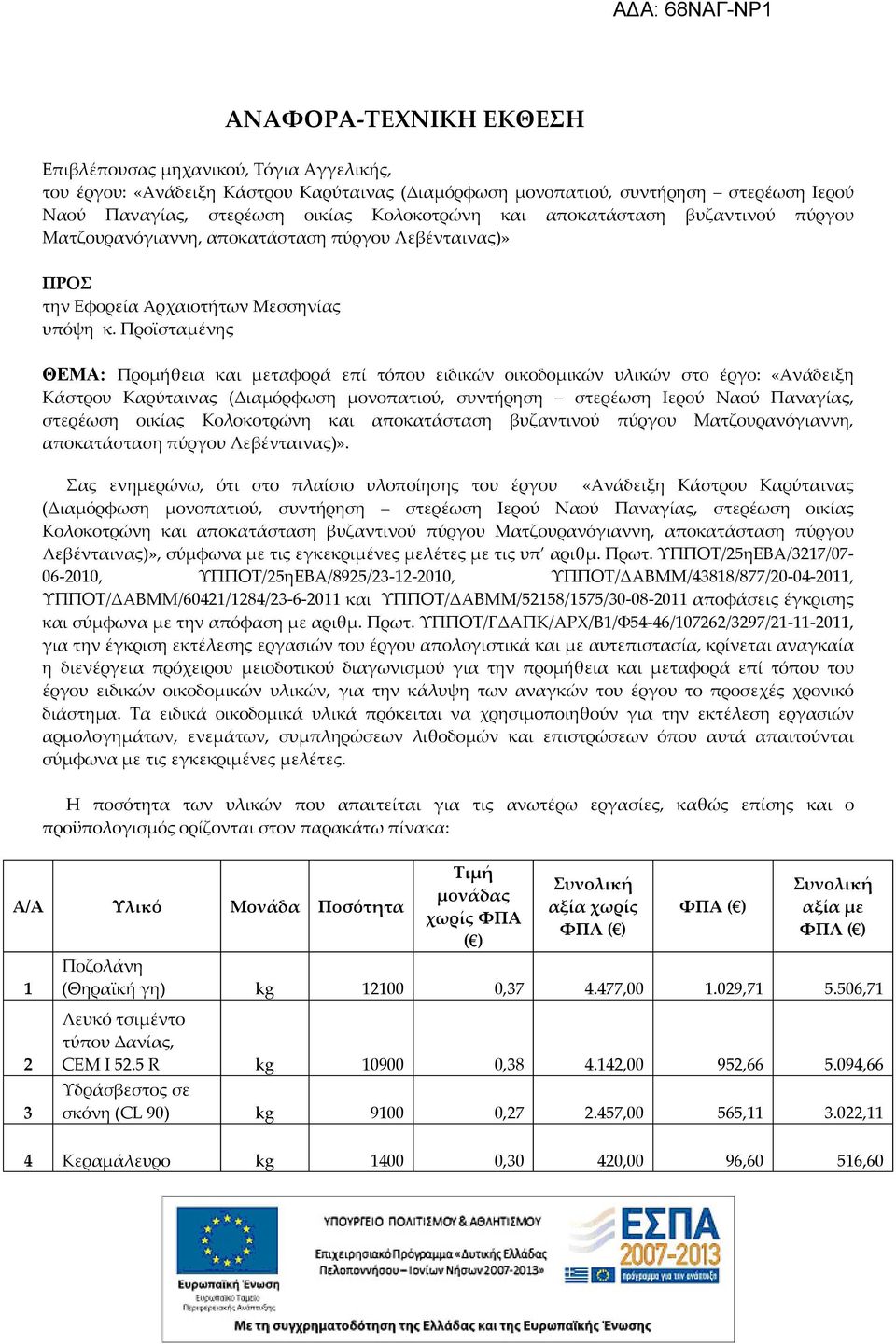 Προϊσταμένης ΘΕΜΑ: Προμήθεια και μεταφορά επί τόπου ειδικών οικοδομικών υλικών στο έργο: «Ανάδειξη Κάστρου Καρύταινας (Διαμόρφωση μονοπατιού, συντήρηση στερέωση Ιερού Ναού Παναγίας, στερέωση οικίας
