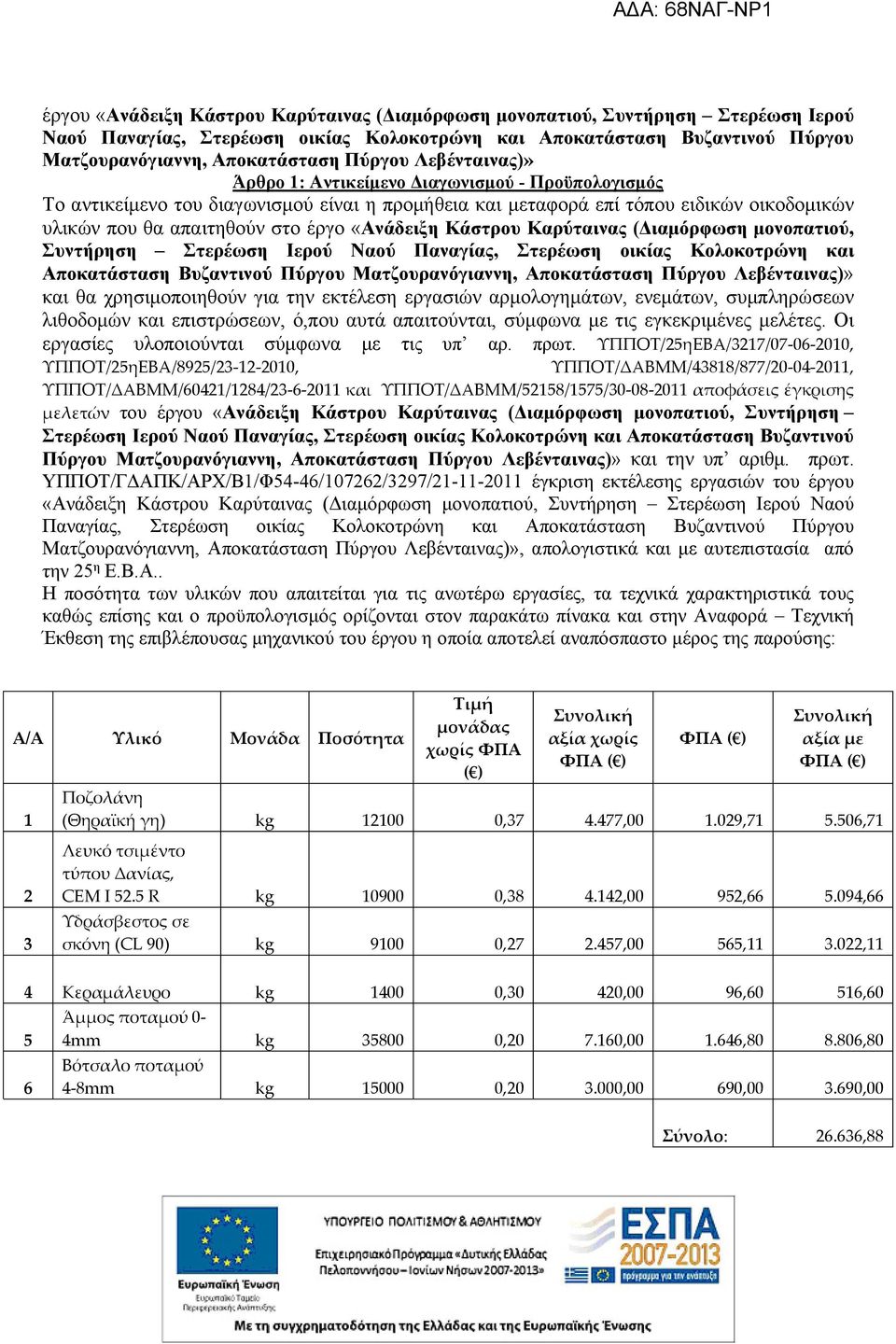 Κάστρου Καρύταινας (Διαμόρφωση μονοπατιού, Συντήρηση Στερέωση Ιερού Ναού Παναγίας, Στερέωση οικίας Κολοκοτρώνη και Αποκατάσταση Βυζαντινού Πύργου Ματζουρανόγιαννη, Αποκατάσταση Πύργου Λεβένταινας)»