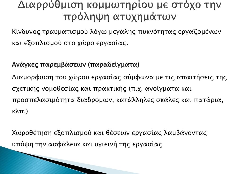 σχετικής νομοθεσίας και πρακτικής (π.χ. ανοίγματα και προσπελασιμότητα διαδρόμων, κατάλληλες σκάλες και πατάρια, κλπ.