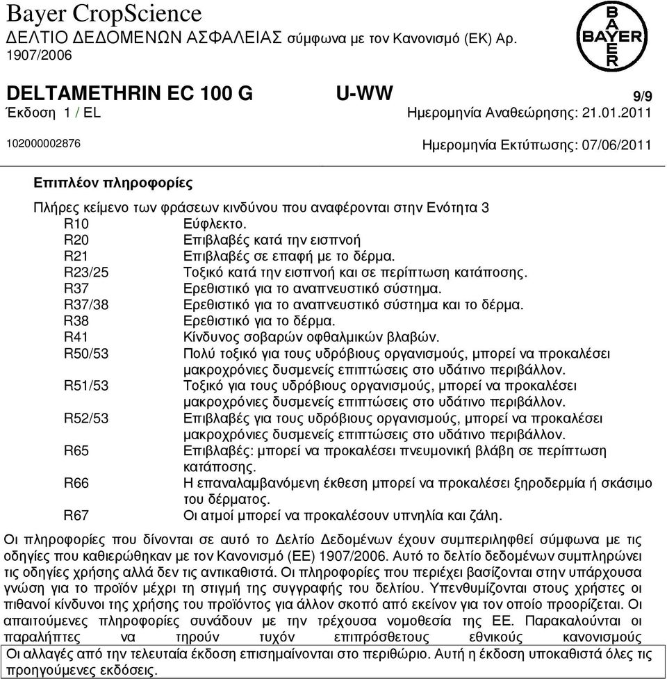 R41 Κίνδυνος σοβαρών οφθαλµικών βλαβών. R50/53 Πολύ τοξικό για τους υδρόβιους οργανισµούς, µπορεί να προκαλέσει µακροχρόνιες δυσµενείς επιπτώσεις στο υδάτινο περιβάλλον.