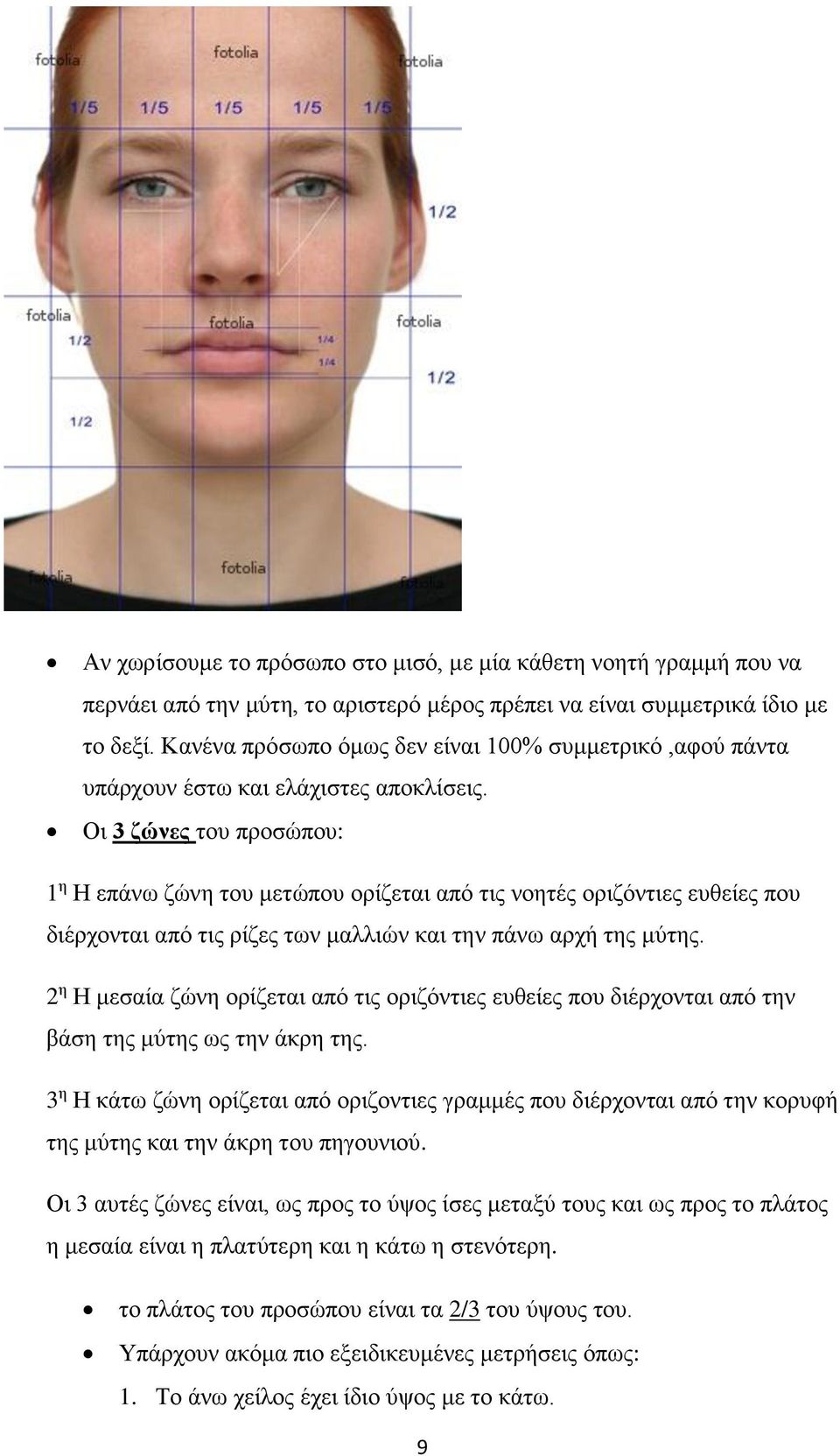 Οι 3 ζώνες του προσώπου: 1 η Η επάνω ζώνη του μετώπου ορίζεται από τις νοητές οριζόντιες ευθείες που διέρχονται από τις ρίζες των μαλλιών και την πάνω αρχή της μύτης.