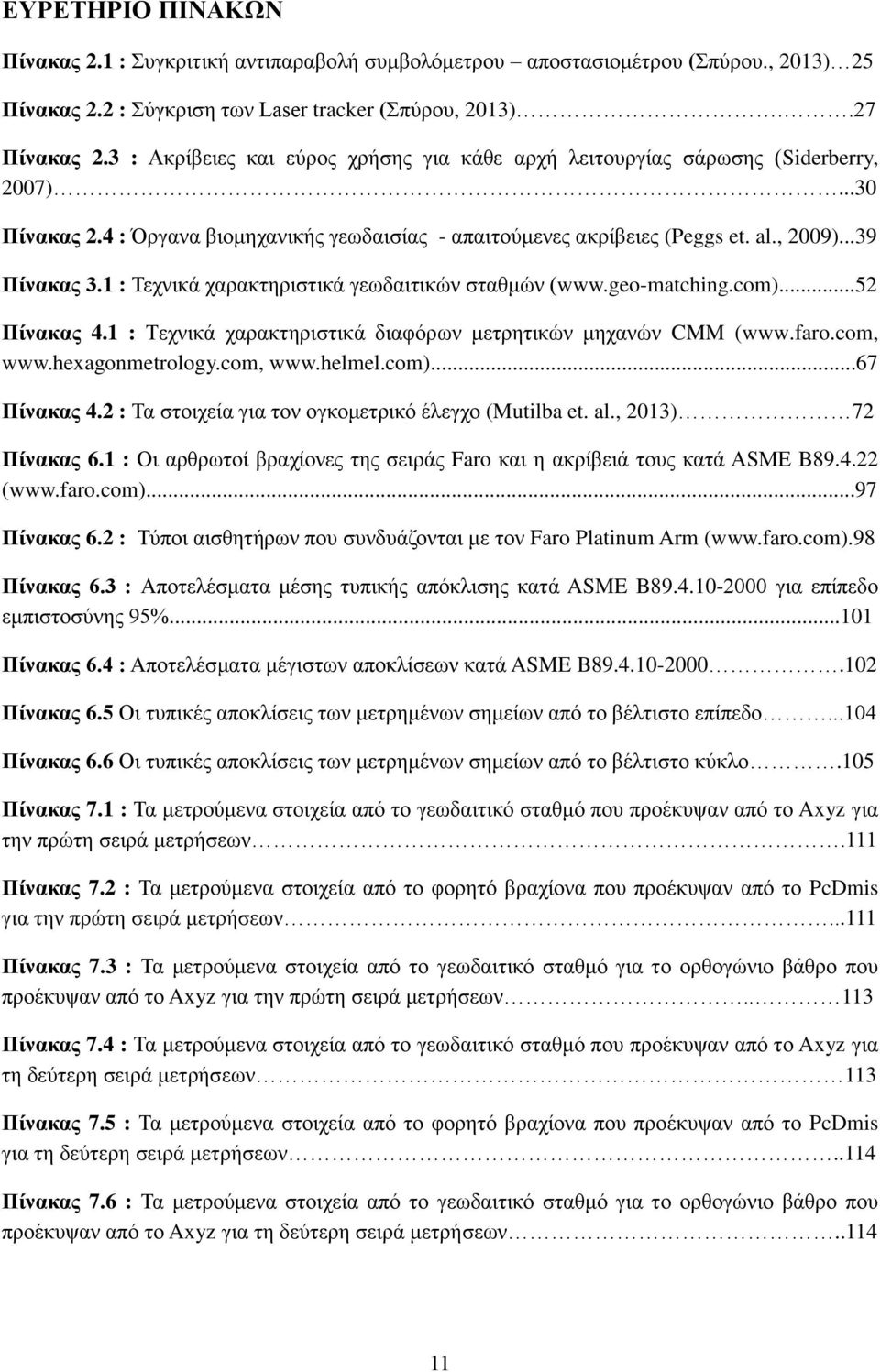 1 : Τεχνικά χαρακτηριστικά γεωδαιτικών σταθμών (www.geo-matching.com)...52 Πίνακας 4.1 : Τεχνικά χαρακτηριστικά διαφόρων μετρητικών μηχανών CMM (www.faro.com, www.hexagonmetrology.com, www.helmel.