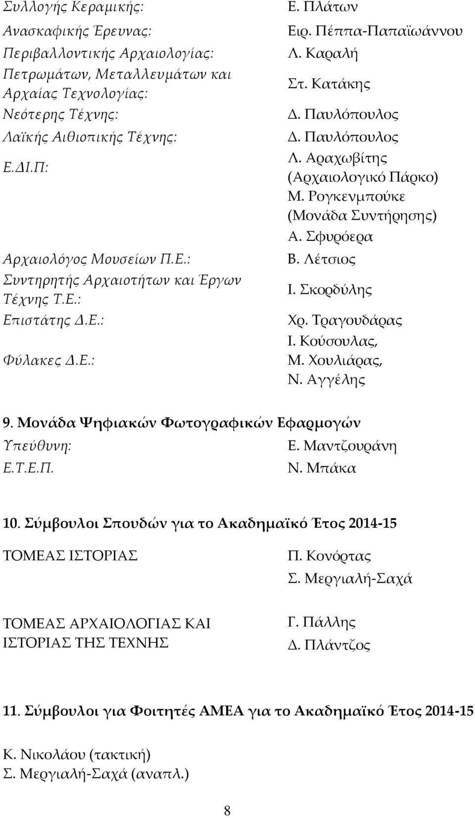 Αραχωβίτης (Αρχαιολογικό Πάρκο) Μ. Ρογκενμπούκε (Μονάδα Συντήρησης) Α. Σφυρόερα Β. Λέτσιος Ι. Σκορδύλης Χρ. Τραγουδάρας Ι. Κούσουλας, Μ. Χουλιάρας, Ν. Αγγέλης 9.