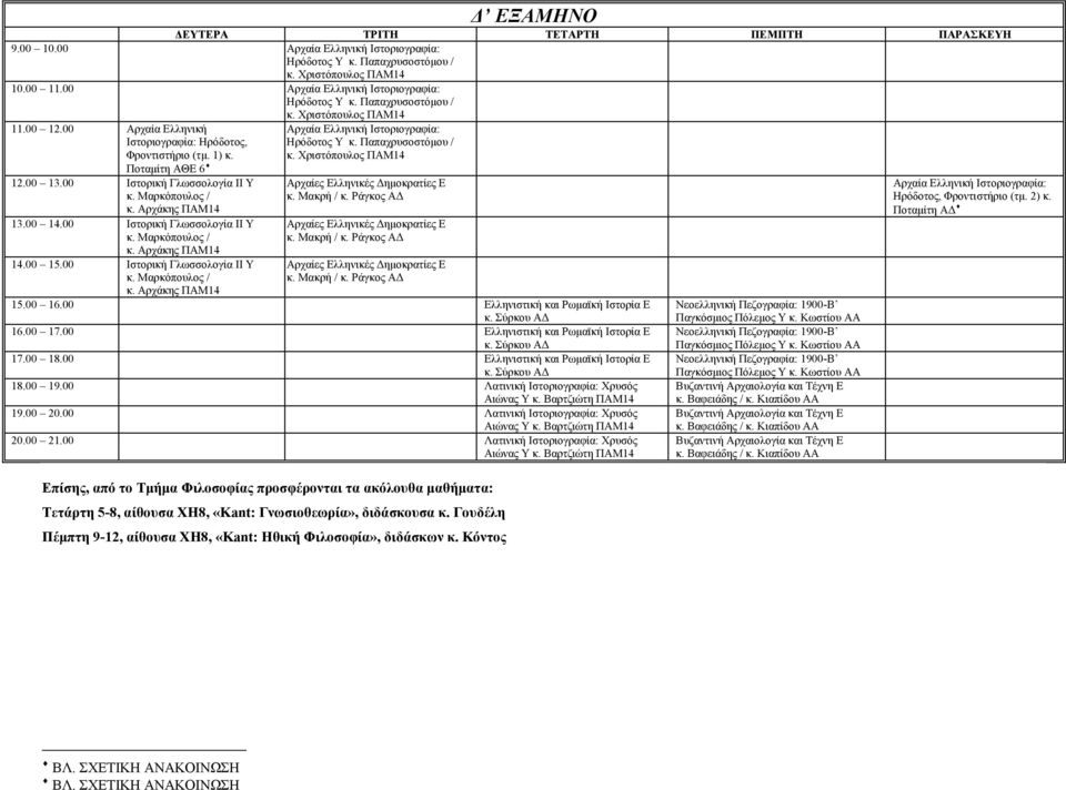 00 15.00 Ιστορική Γλωσσολογία ΙΙ Υ κ. Αρχάκης ΠΑΜ14 κ. Χριστόπουλος ΠΑΜ14 Αρχαία Ελληνική Ιστοριογραφία: Ηρόδοτος Υ κ. Παπαχρυσοστόμου / κ. Χριστόπουλος ΠΑΜ14 Αρχαίες Ελληνικές Δημοκρατίες Ε κ.