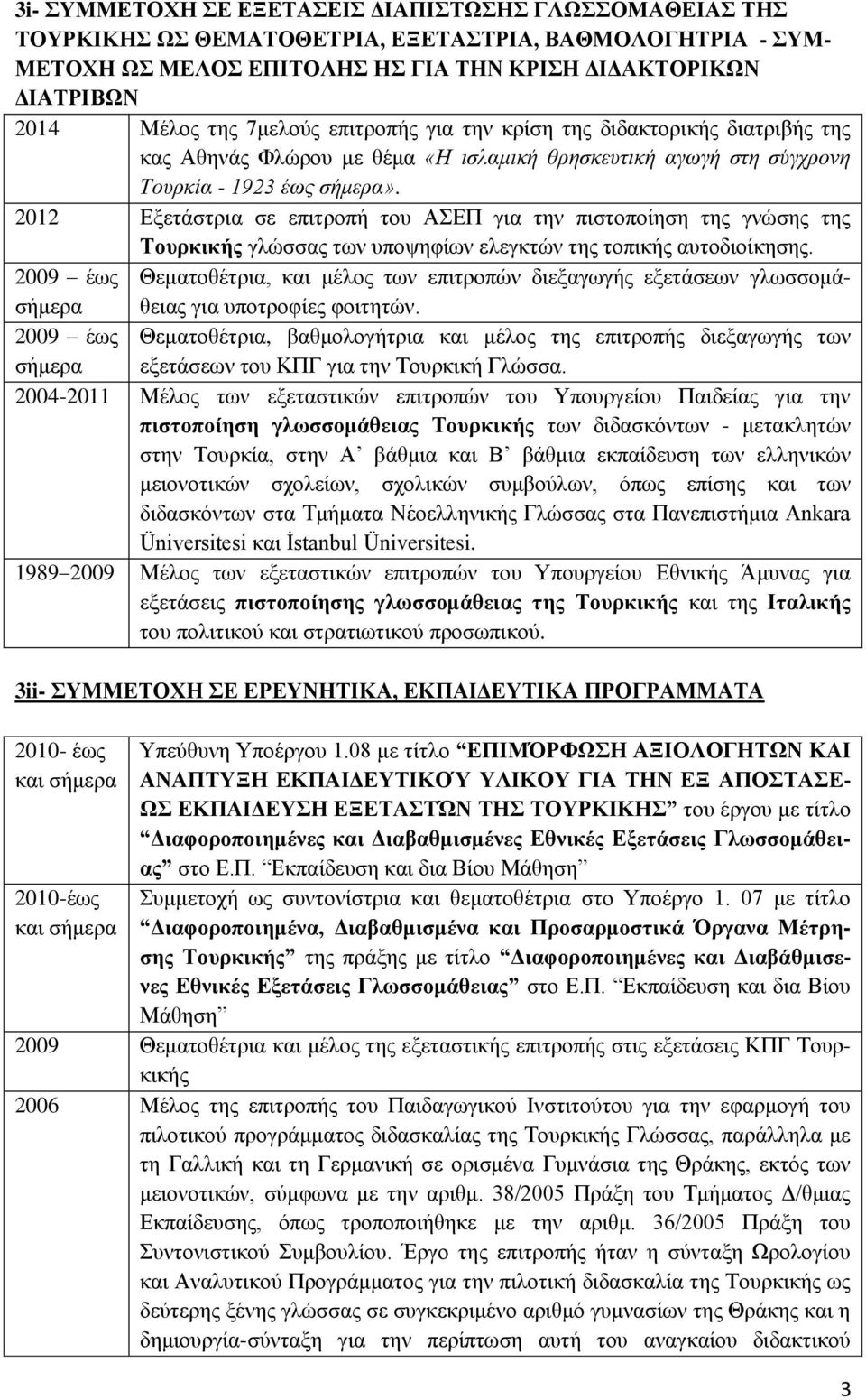 2012 Εξετάστρια σε επιτροπή του ΑΣΕΠ για την πιστοποίηση της γνώσης της Τουρκικής γλώσσας των υποψηφίων ελεγκτών της τοπικής αυτοδιοίκησης.