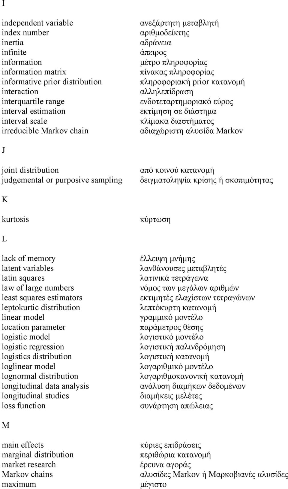 διαστήματος αδιαχώριστη αλυσίδα Markov J joint distribution judgemental or purposive sampling από κοινού κατανομή δειγματοληψία κρίσης ή σκοπιμότητας K kurtosis κύρτωση L lack of memory latent