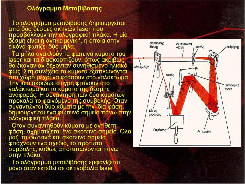 Την ίδια ακριβώς στιγµή φτάνουν στο γαλάκτωµα και τα κύµατα της δέσµης αναφοράς. Η συνάντηση των δύο κυµάτων προκαλεί το φαινόµενο της συµβολής.