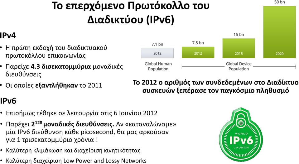 Παρέχει 2 128 μοναδικές διευθύνσεις. Αν «καταναλώναμε» μία IPv6 διεύθυνση κάθε picosecond, θα μας αρκούσαν για 1 τρισεκατομμύριο χρόνια!