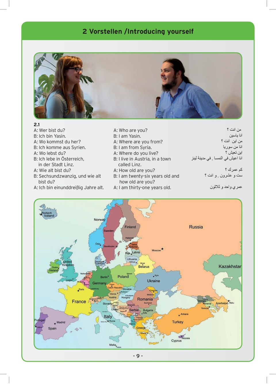 A: Ich bin einunddreißig Jahre alt. A: Who are you? B: I am Yasin. A: Where are you from? B: I am from Syria. A: Where do you live?