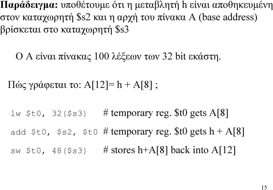 εκάστη. Πώς γράφεται το: A[12]= h + A[8] ; lw $t0, 32($s3) # temporary reg.