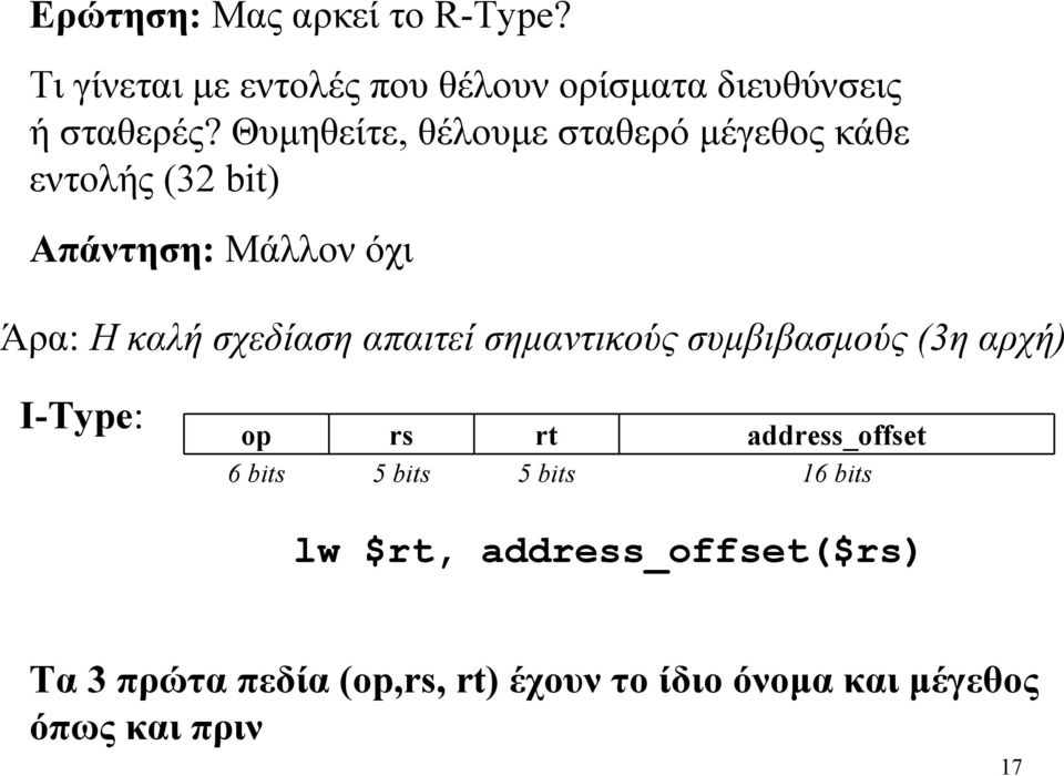 απαιτεί σηµαντικούς συµβιβασµούς (3η αρχή) Ι-Type: op 6 bits rs 5 bits rt 5 bits address_offset 16