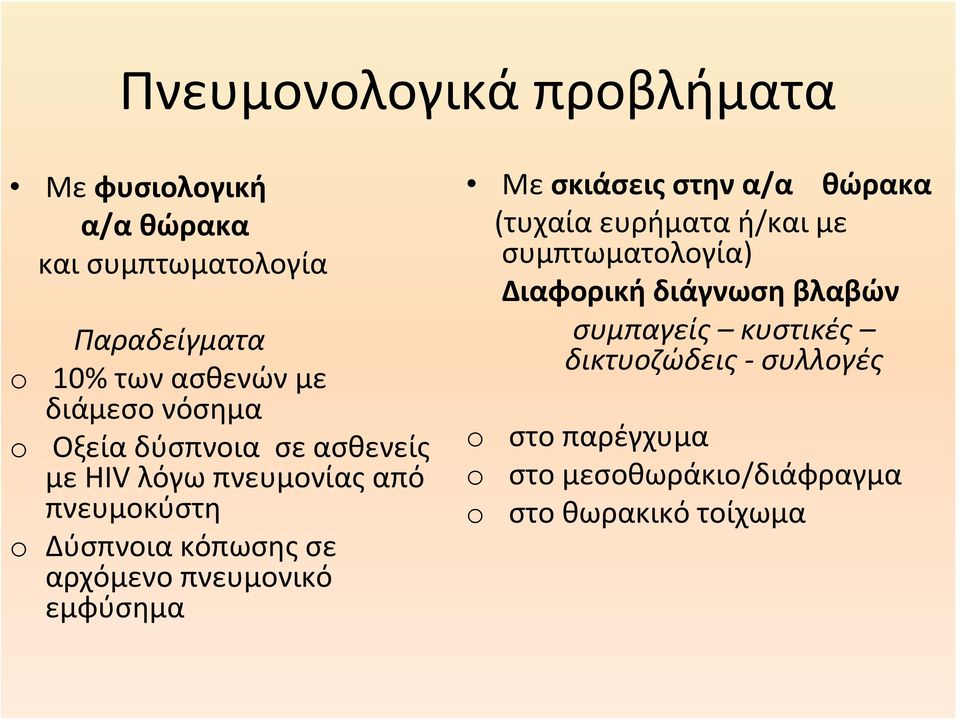 αρχόμενο πνευμονικό εμφύσημα Με σκιάσεις στην α/α θώρακα (τυχαία ευρήματα ή/και με συμπτωματολογία) Διαφορική