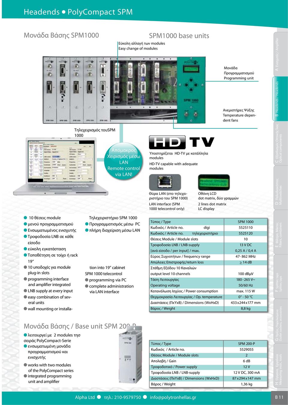 Υποστηρίζεται HD-TV με κατάλληλα modules HD-TV capable with adequate modules C Εξοπλισμός Οπτικής Ϊνας Θύρα LAN (στο τηλεχειριστήριο του SPM 1000) LAN interface (SPM 1000 telecontrol only) Οθόνη LCD