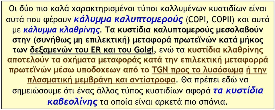 Τα κυστίδια καλυπτομερούς μεσολαβούν στην (συνήθως μη επιλεκτική) μεταφορά πρωτεϊνών κατά μήκος των δεξαμενών του ER και του Golgi, ενώ τα