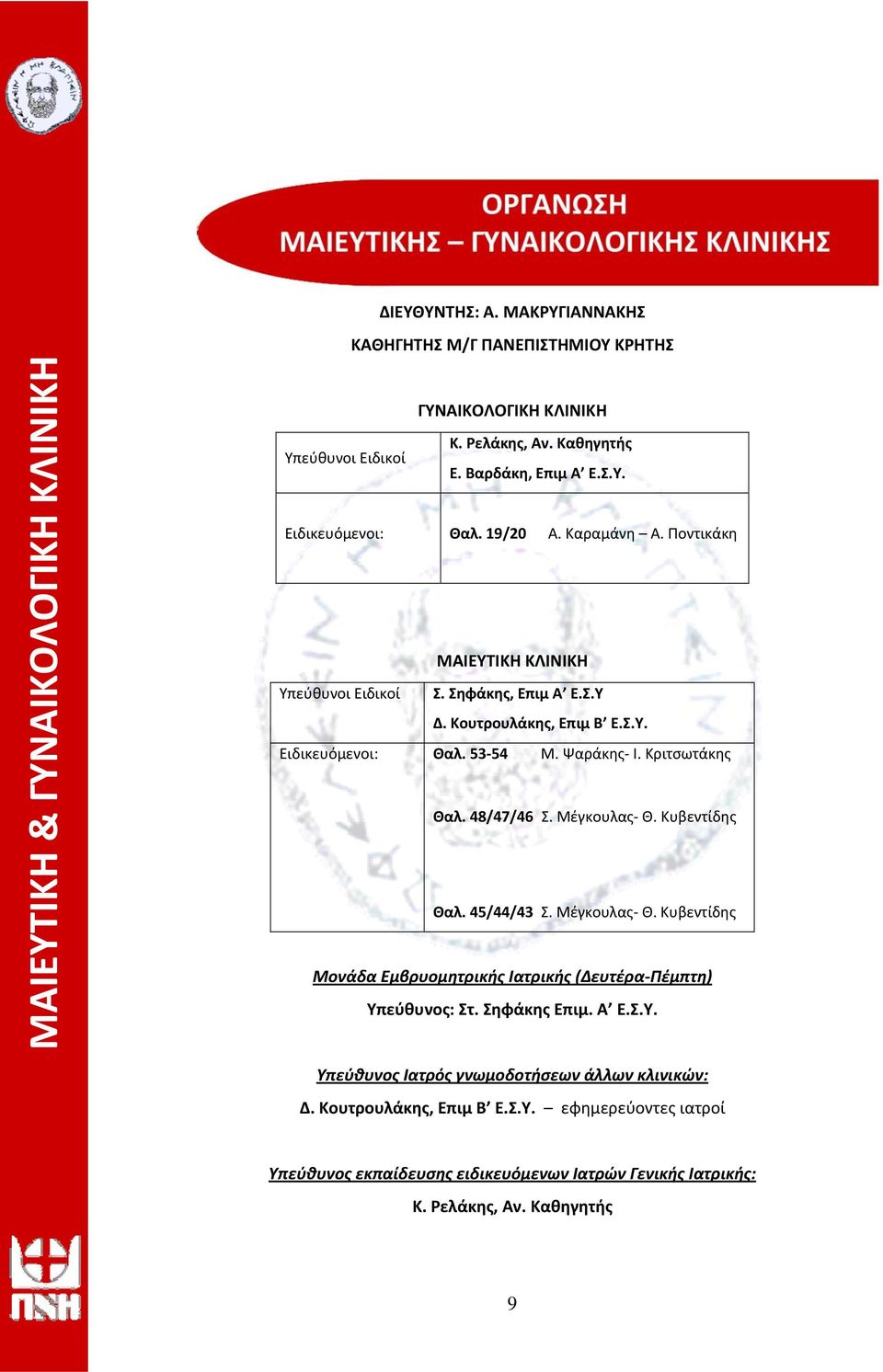 Κριτσωτάκης Θαλ. 48/47/46 Σ. Μέγκουλας Θ. Κυβεντίδης Θαλ. 45/44/43 Σ. Μέγκουλας Θ. Κυβεντίδης Μονάδα Εμβρυομητρικής Ιατρικής (Δευτέρα Πέμπτη) Υπ