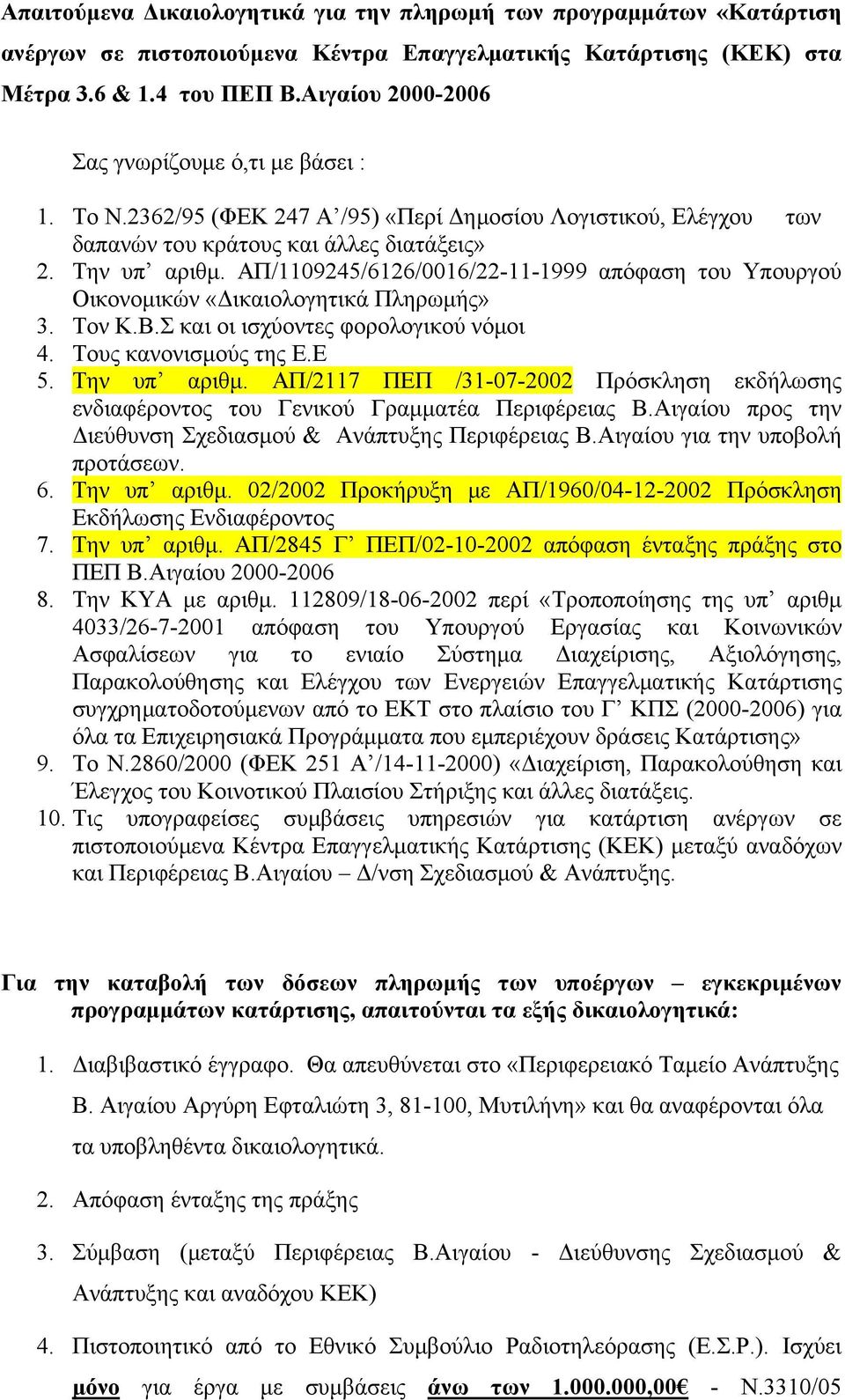 ΑΠ/1109245/6126/0016/22-11-1999 απόφαση του Υπουργού Οικονομικών «Δικαιολογητικά Πληρωμής» 3. Τον Κ.Β.Σ και οι ισχύοντες φορολογικού νόμοι 4. Τους κανονισμούς της Ε.Ε 5. Την υπ αριθμ.