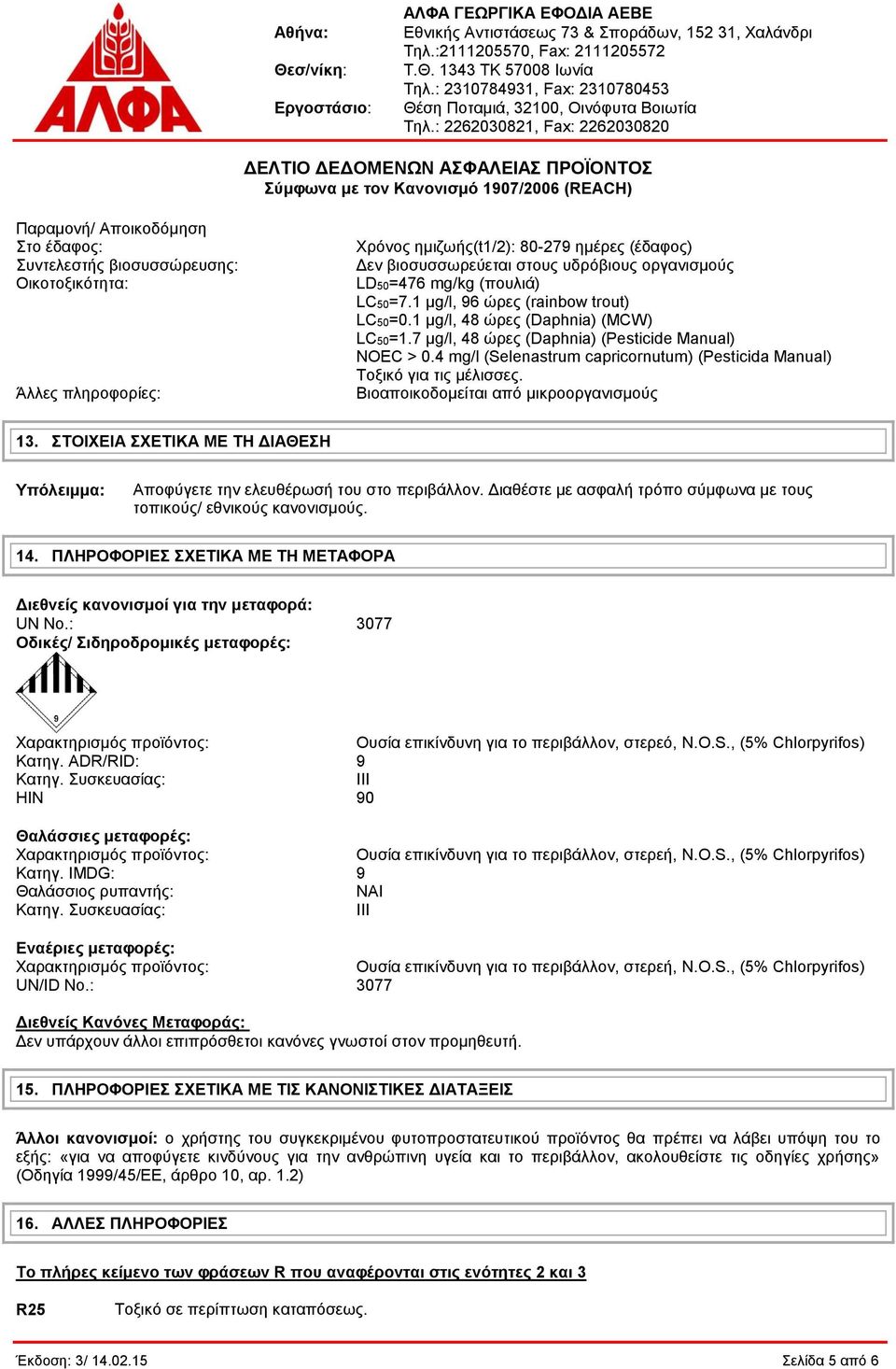 4 mg/l (Selenastrum capricornutum) (Pesticida Manual) Τοξικό για τις μέλισσες. Βιοαποικοδομείται από μικροοργανισμούς 13.