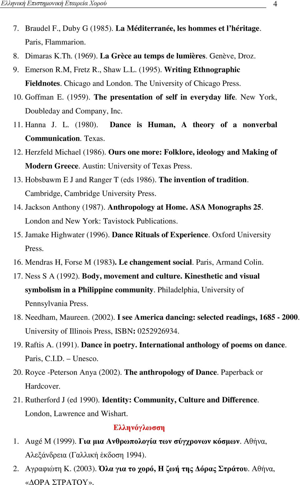 New York, Doubleday and Company, Inc. 11. Hanna J. L. (1980). Dance is Human, A theory of a nonverbal Communication. Texas. 12. Herzfeld Michael (1986).