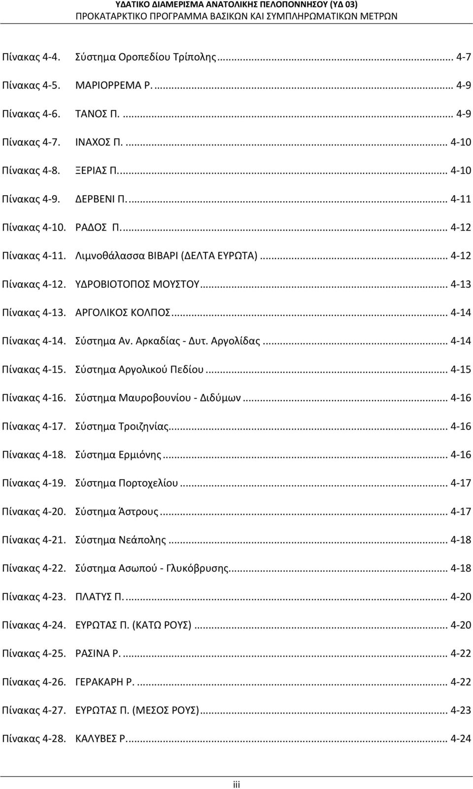 Αρκαδίας Δυτ. Αργολίδας... 414 Πίνακας 415. Σύστημα Αργολικού Πεδίου... 415 Πίνακας 416. Σύστημα Μαυροβουνίου Διδύμων... 416 Πίνακας 417. Σύστημα Τροιζηνίας... 416 Πίνακας 418. Σύστημα Ερμιόνης.
