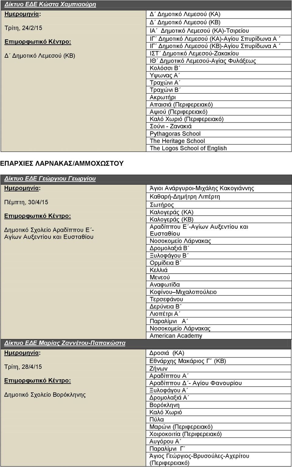 Καλό Χωριό (Περιφερειακό) Σούνι - Ζανακιά Pythagoras School The Heritage School The Logos Schoοl of English ΕΠΑΡΧΙΕΣ ΛΑΡΝΑΚΑΣ/ΑΜΜΟΧΩΣΤΟΥ Δίκτυο ΕΔΕ Γεώργιου Γεωργίου Πέμπτη, 30/4/15 Δημοτικό Σχολείο