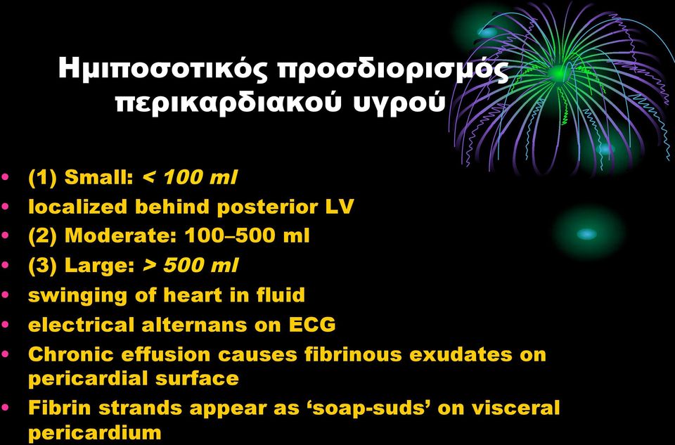 heart in fluid electrical alternans on ECG Chronic effusion causes fibrinous